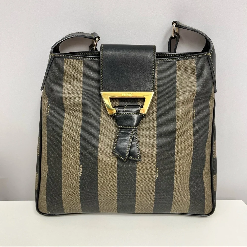 ❤️SOLD❤️ Vintage Fendi Pequin Shoulder Bag Black and Brown Striped Fabulous - Picture 3 of 13